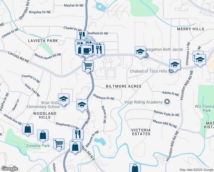 map of restaurants, bars, coffee shops, grocery stores, and more near 1410 Lively Ridge Road Northeast in Atlanta