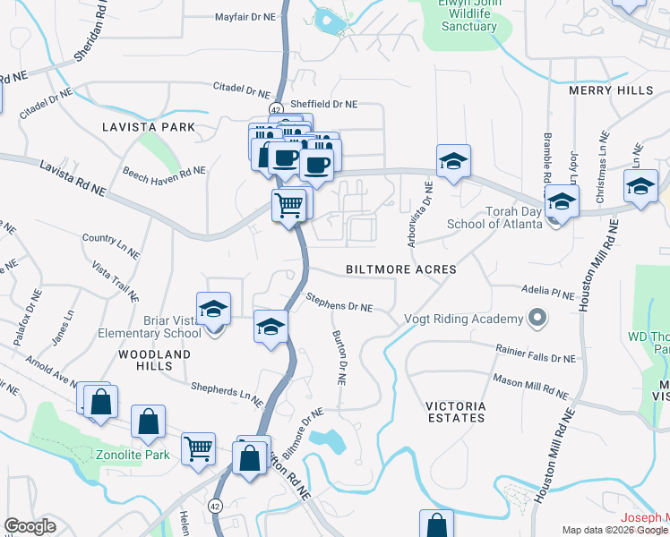 map of restaurants, bars, coffee shops, grocery stores, and more near 1384 Lively Ridge Road Northeast in Atlanta