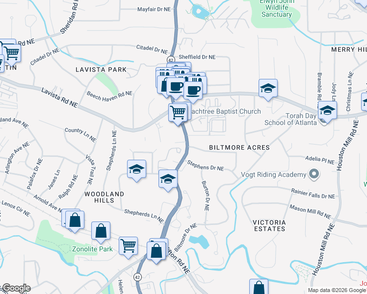 map of restaurants, bars, coffee shops, grocery stores, and more near 1236 Weatherstone Drive Northeast in Atlanta