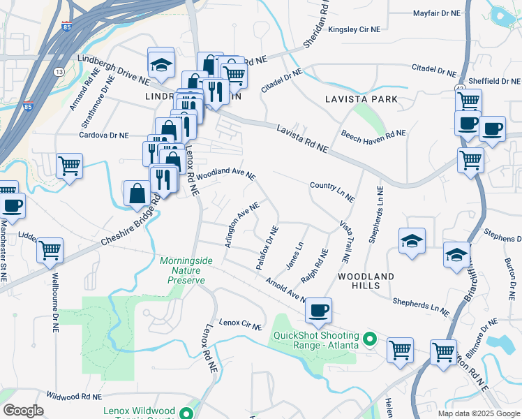 map of restaurants, bars, coffee shops, grocery stores, and more near 2134 Arlington Avenue Northeast in Atlanta