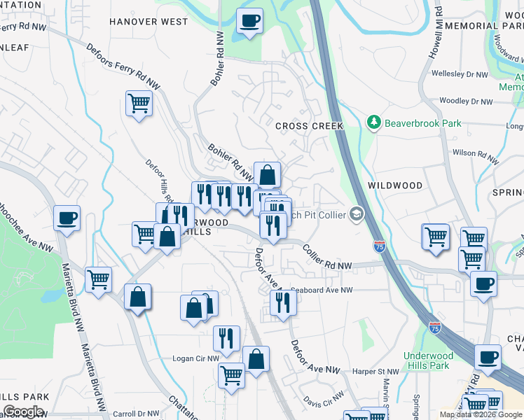 map of restaurants, bars, coffee shops, grocery stores, and more near 2112 Lilly Way Northwest in Atlanta