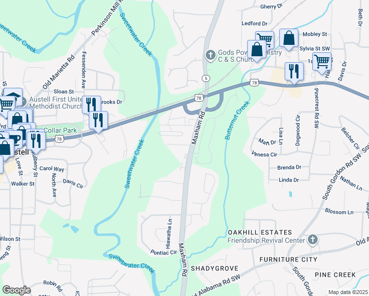 map of restaurants, bars, coffee shops, grocery stores, and more near 3005 Creekside Overlook Way in Austell