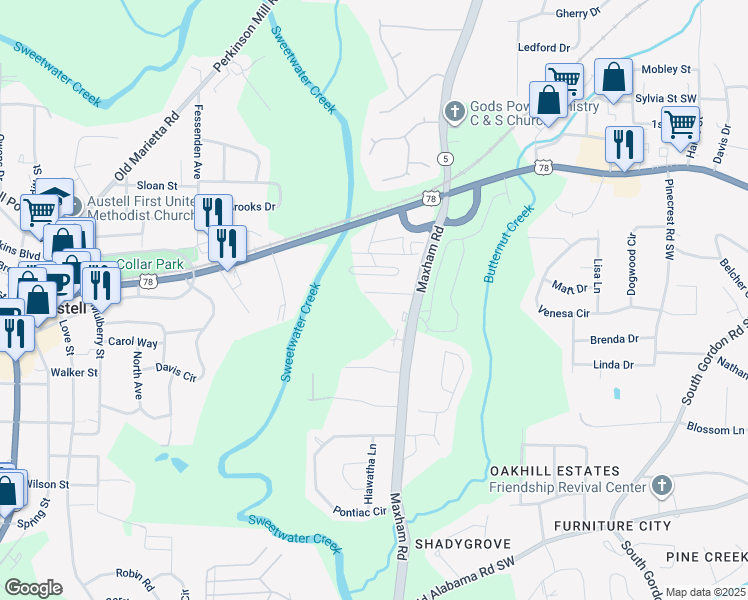 map of restaurants, bars, coffee shops, grocery stores, and more near 3038 Creekside Overlook Way in Austell