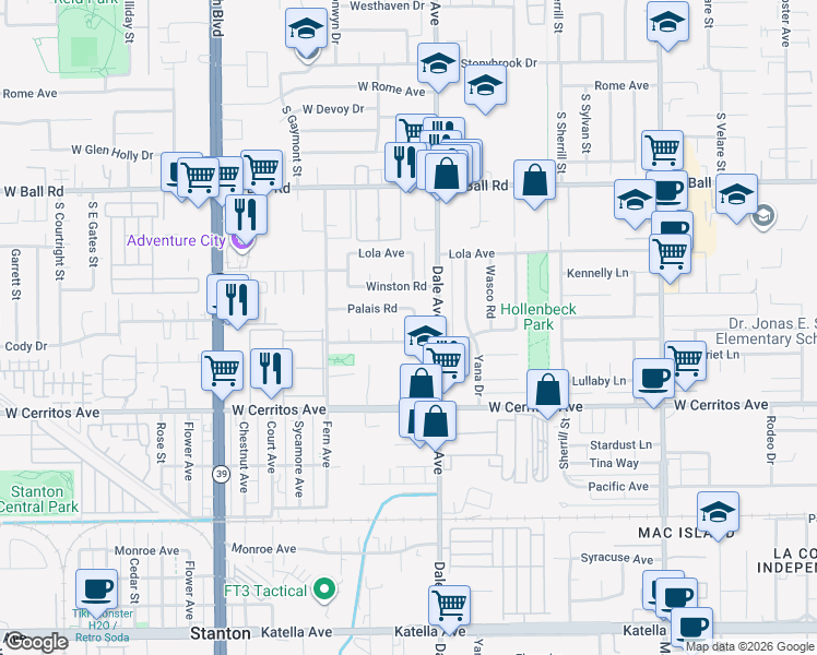 map of restaurants, bars, coffee shops, grocery stores, and more near 10309 Sonnet St in Stanton