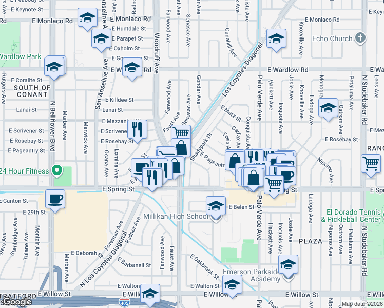 map of restaurants, bars, coffee shops, grocery stores, and more near 3081 Shadypark Drive in Long Beach