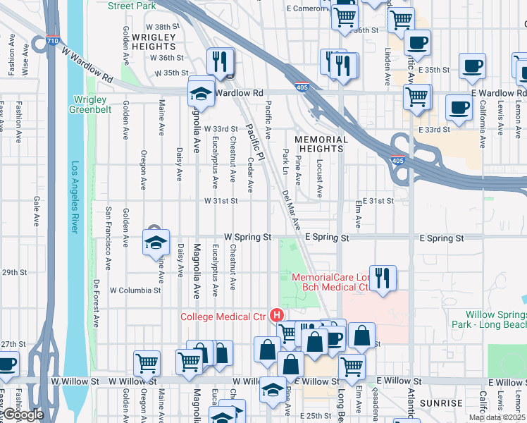 map of restaurants, bars, coffee shops, grocery stores, and more near 3069 Pacific Avenue in Long Beach
