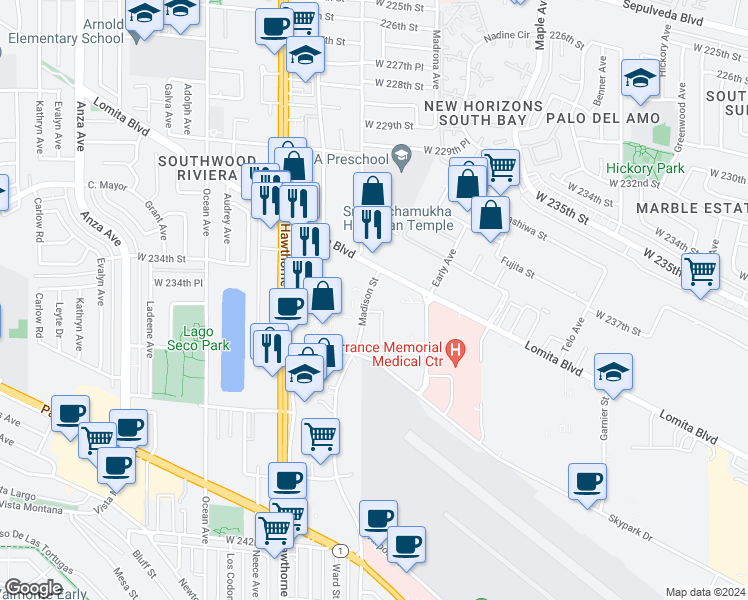map of restaurants, bars, coffee shops, grocery stores, and more near 23450 Madison Street in Torrance