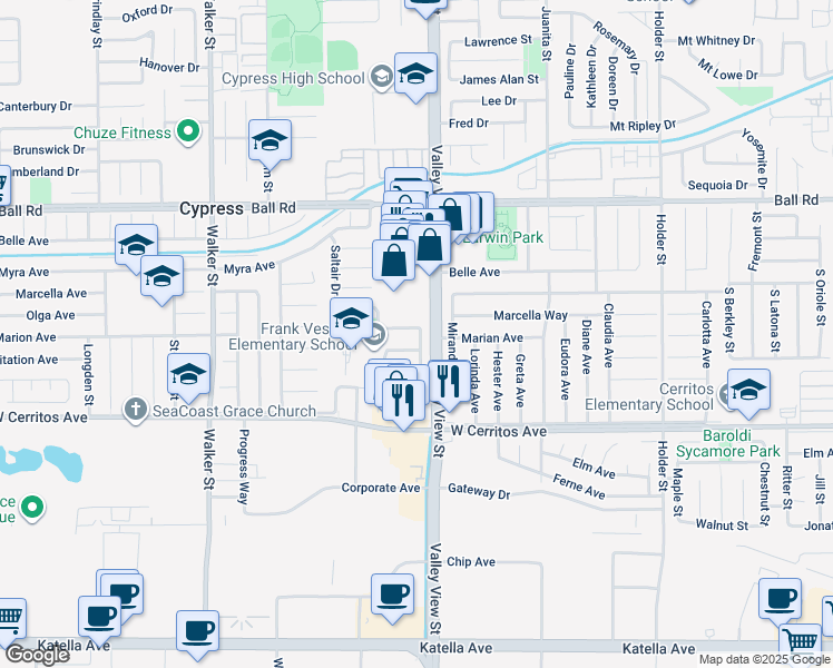 map of restaurants, bars, coffee shops, grocery stores, and more near 5962 Marion Avenue in Cypress