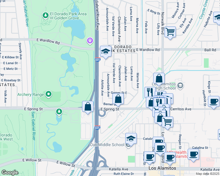 map of restaurants, bars, coffee shops, grocery stores, and more near 3116 Armourdale Avenue in Long Beach