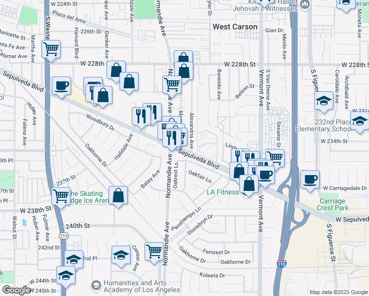 map of restaurants, bars, coffee shops, grocery stores, and more near 1213 Sepulveda Boulevard in Torrance