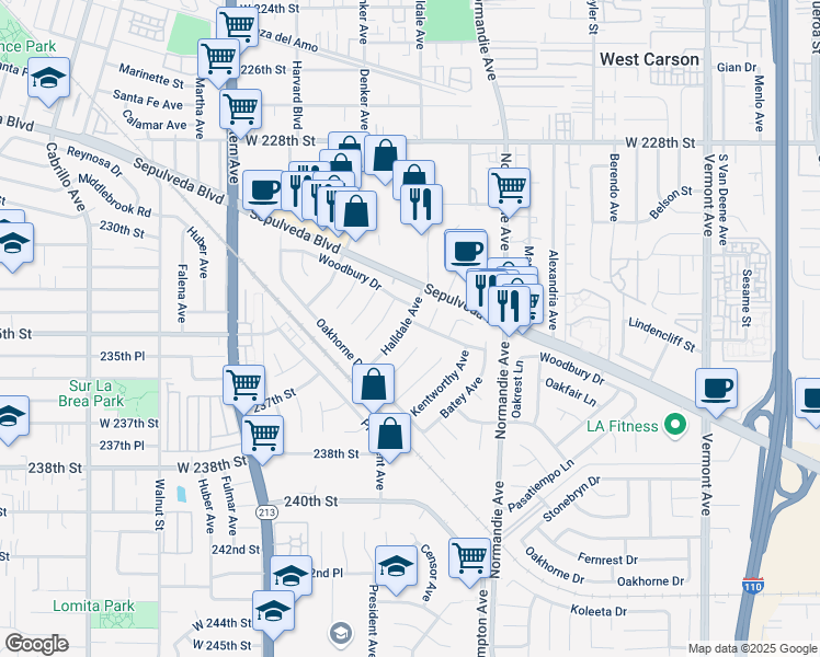 map of restaurants, bars, coffee shops, grocery stores, and more near 1422 Woodbury Drive in Los Angeles