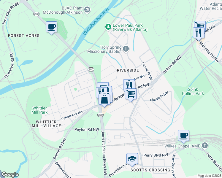 map of restaurants, bars, coffee shops, grocery stores, and more near 2647 Forrest Avenue Northwest in Atlanta
