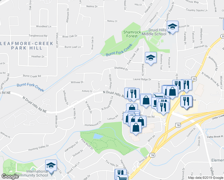 map of restaurants, bars, coffee shops, grocery stores, and more near 3716 North Druid Hills Road in Decatur