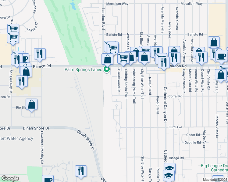map of restaurants, bars, coffee shops, grocery stores, and more near 32505 Candlewood Drive in Cathedral City
