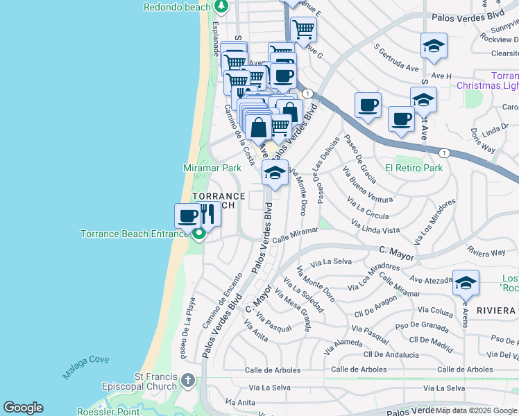 map of restaurants, bars, coffee shops, grocery stores, and more near 351 Palos Verdes Boulevard in Redondo Beach