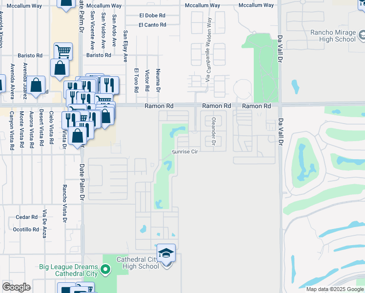 map of restaurants, bars, coffee shops, grocery stores, and more near Tennis Ct Dr in Cathedral City