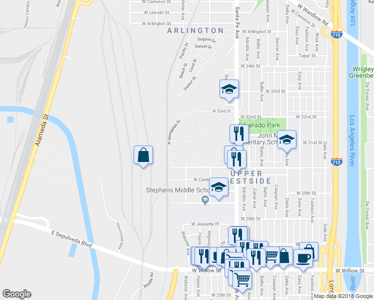 map of restaurants, bars, coffee shops, grocery stores, and more near 3033 North Springdale Drive in Long Beach