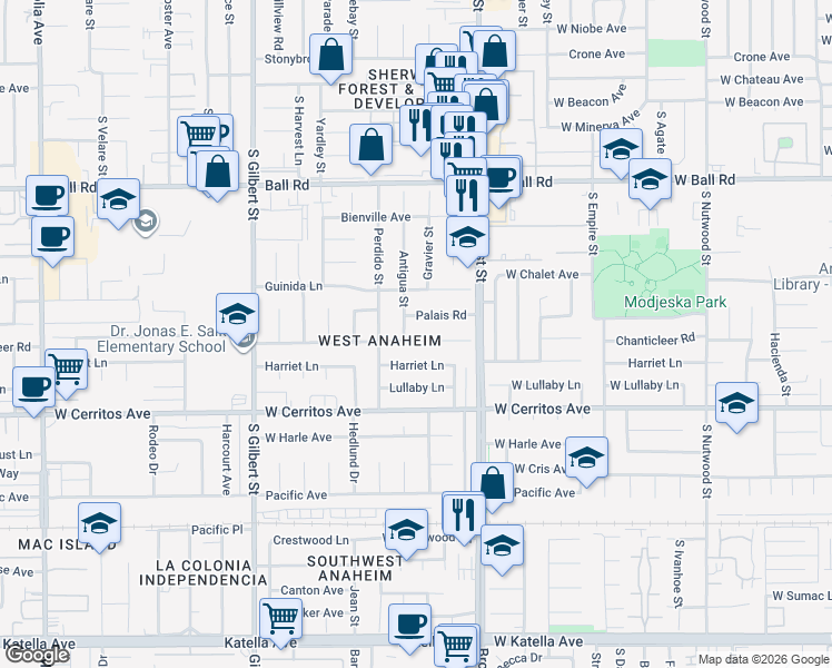 map of restaurants, bars, coffee shops, grocery stores, and more near 9841 Chanticleer Road in Anaheim
