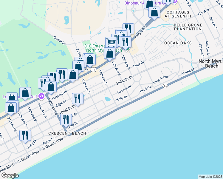 map of restaurants, bars, coffee shops, grocery stores, and more near 506 14th Avenue South in North Myrtle Beach
