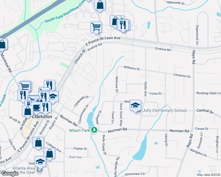 map of restaurants, bars, coffee shops, grocery stores, and more near 1148 Melrose Drive in Clarkston