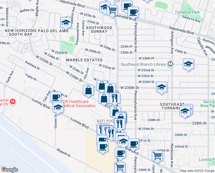 map of restaurants, bars, coffee shops, grocery stores, and more near 2545 West 235th Street in Torrance
