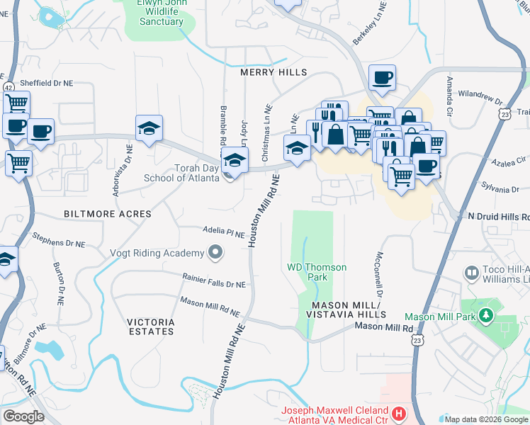 map of restaurants, bars, coffee shops, grocery stores, and more near 1165 Houston Mill Road Northeast in Atlanta