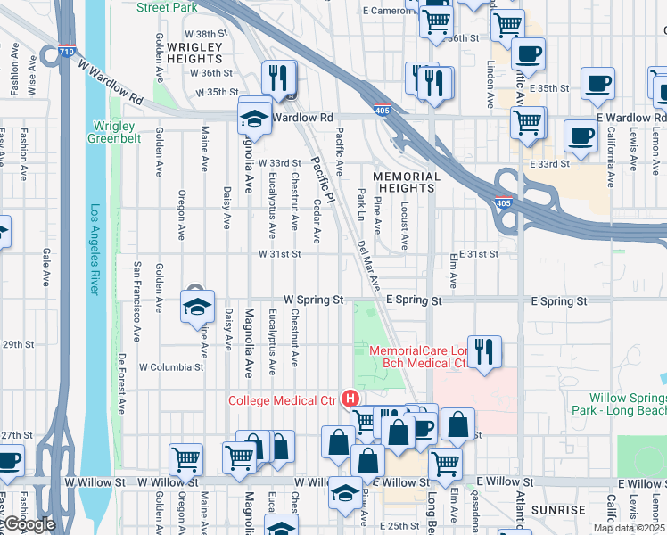 map of restaurants, bars, coffee shops, grocery stores, and more near 3069 Pacific Avenue in Long Beach