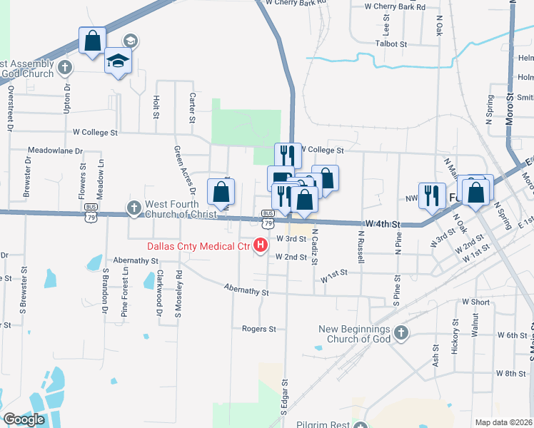 map of restaurants, bars, coffee shops, grocery stores, and more near 1202 West 4th Tobacco Store Street in Fordyce