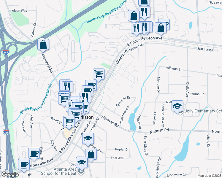 map of restaurants, bars, coffee shops, grocery stores, and more near 4079 Church Street in Clarkston