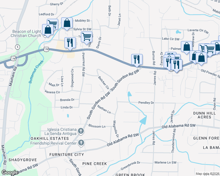 map of restaurants, bars, coffee shops, grocery stores, and more near 5804 South Gordon Road Southwest in Austell