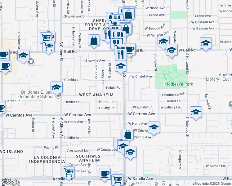 map of restaurants, bars, coffee shops, grocery stores, and more near 9921 Chanticleer Road in Anaheim