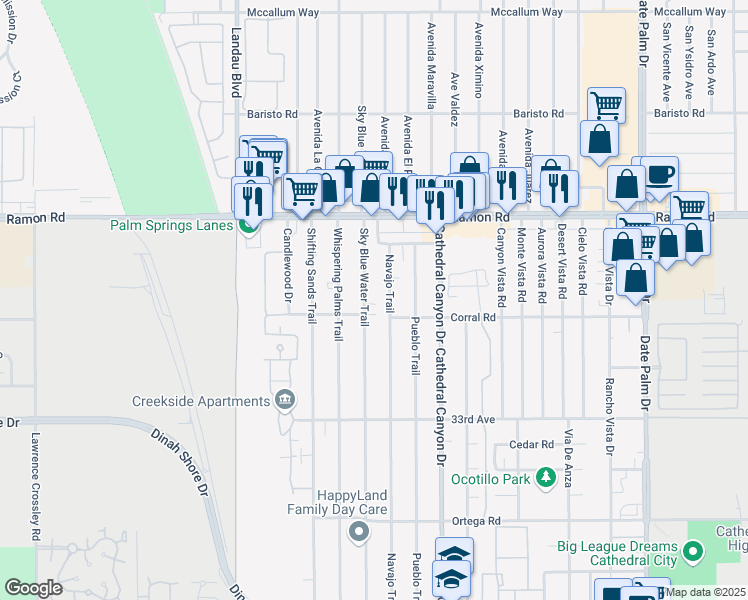 map of restaurants, bars, coffee shops, grocery stores, and more near 32400 Sky Blue Water Trail in Cathedral City