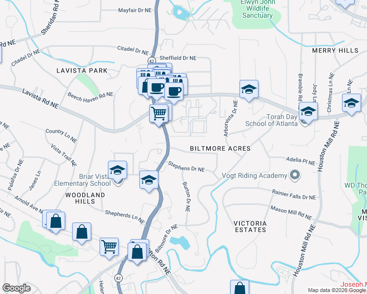 map of restaurants, bars, coffee shops, grocery stores, and more near 1384 Lively Ridge Road Northeast in Atlanta
