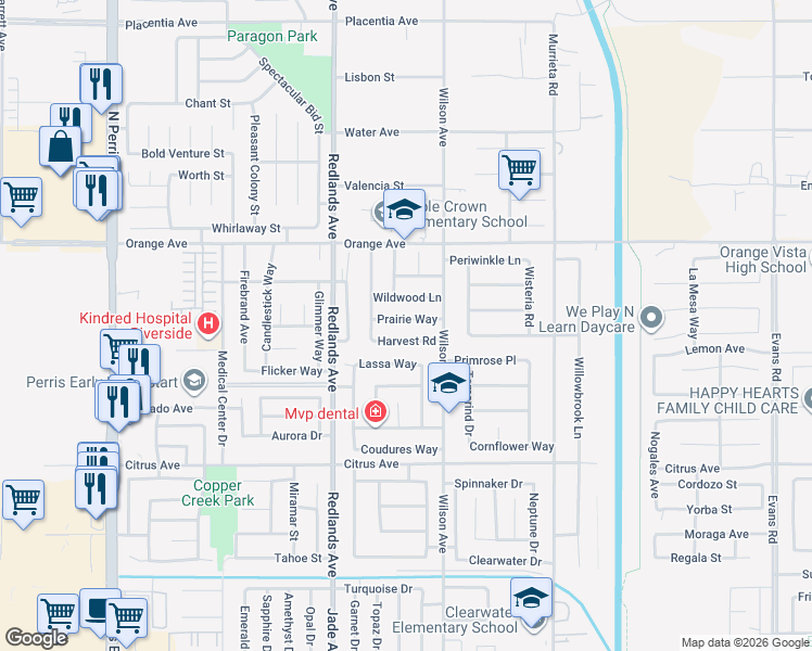 map of restaurants, bars, coffee shops, grocery stores, and more near 529 Prairie Way in Perris