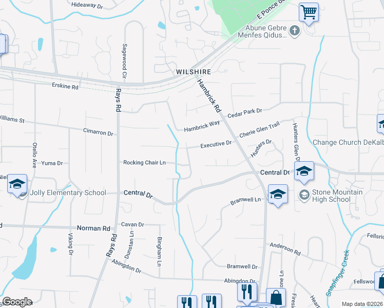 map of restaurants, bars, coffee shops, grocery stores, and more near 1145 Forest Heights Road in Stone Mountain