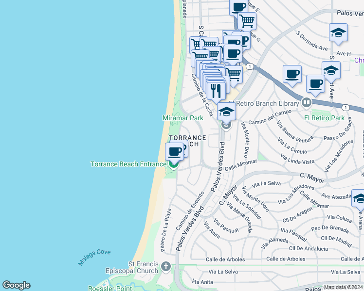 map of restaurants, bars, coffee shops, grocery stores, and more near in Redondo Beach