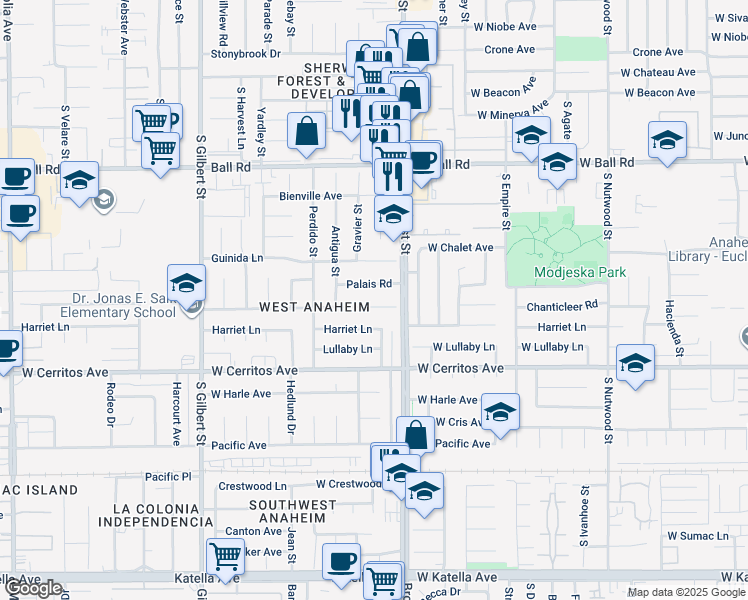map of restaurants, bars, coffee shops, grocery stores, and more near 9911 Chanticleer Road in Anaheim