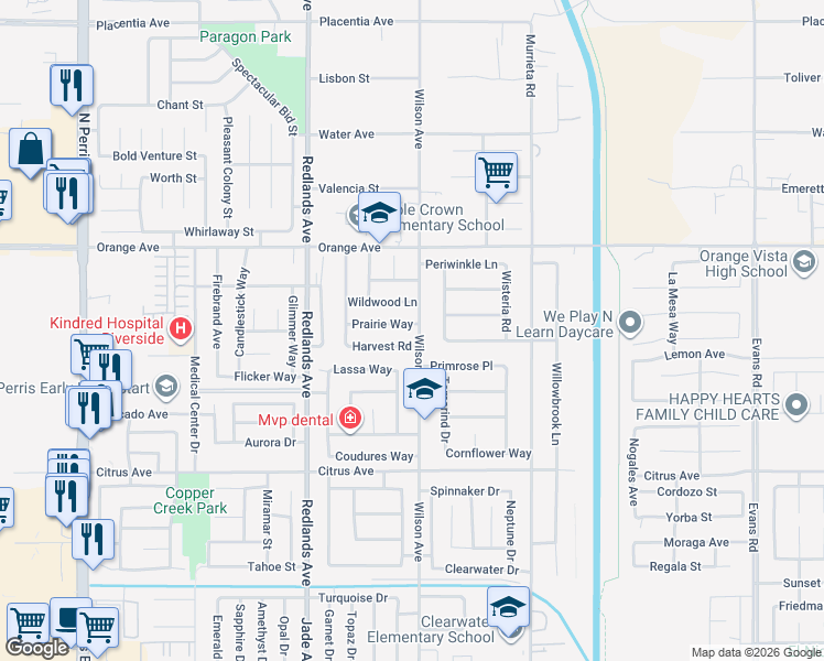 map of restaurants, bars, coffee shops, grocery stores, and more near 587 Prairie Way in Perris