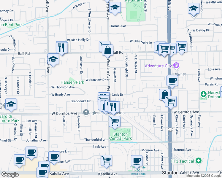 map of restaurants, bars, coffee shops, grocery stores, and more near 10290 Western Avenue in Stanton