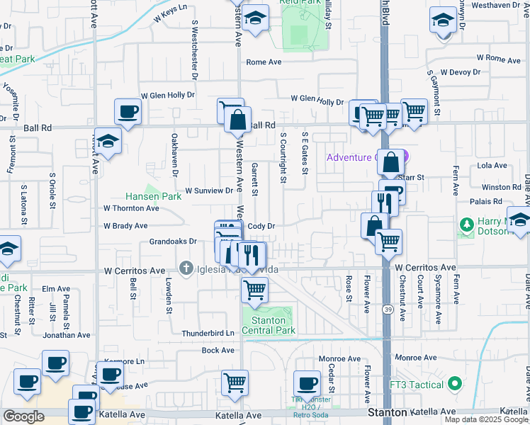 map of restaurants, bars, coffee shops, grocery stores, and more near 10291 Masterson Road in Stanton