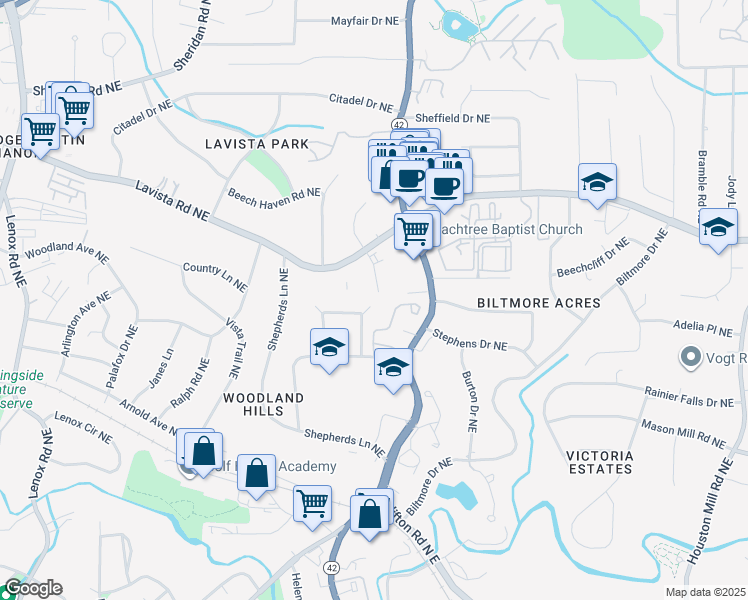 map of restaurants, bars, coffee shops, grocery stores, and more near 1230 Franklin Circle Northeast in Atlanta