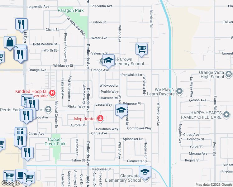 map of restaurants, bars, coffee shops, grocery stores, and more near 587 Prairie Way in Perris