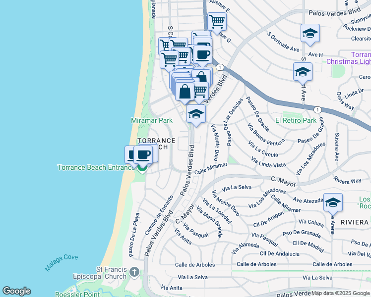 map of restaurants, bars, coffee shops, grocery stores, and more near 351 Palos Verdes Boulevard in Redondo Beach