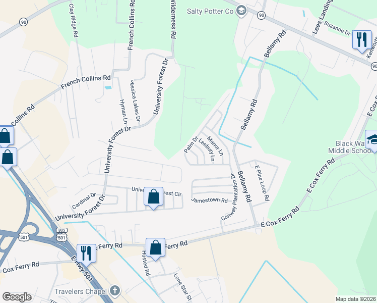 map of restaurants, bars, coffee shops, grocery stores, and more near 1071 Palm Drive in Conway