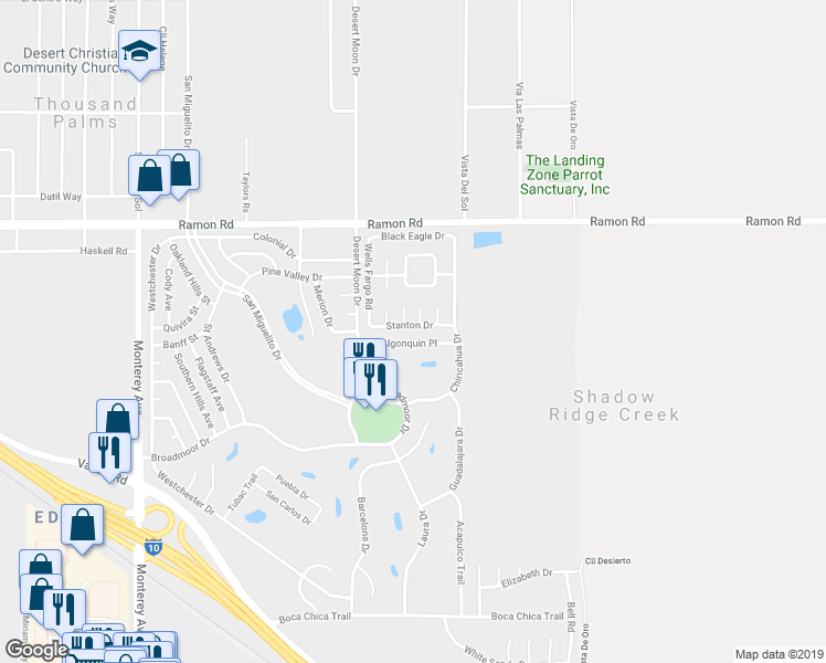 map of restaurants, bars, coffee shops, grocery stores, and more near 73645 Stanton Drive in Thousand Palms