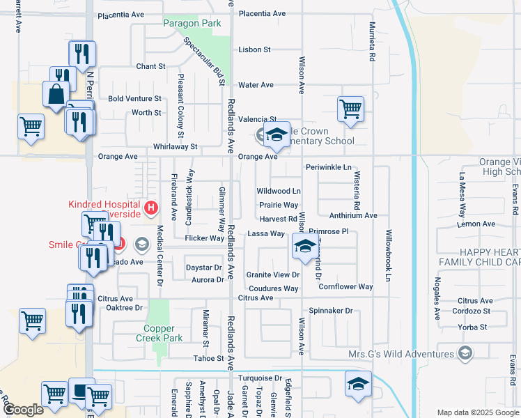 map of restaurants, bars, coffee shops, grocery stores, and more near 485 Prairie Way in Perris