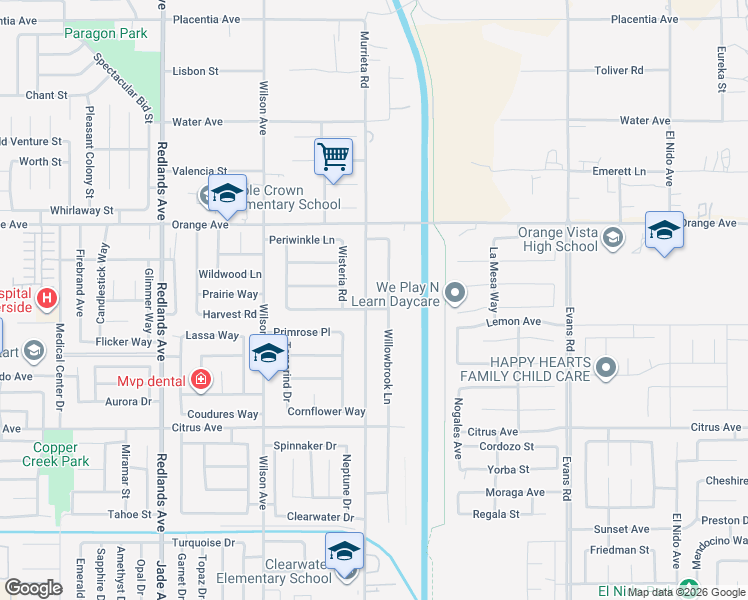 map of restaurants, bars, coffee shops, grocery stores, and more near 2261 Murrieta Road in Perris