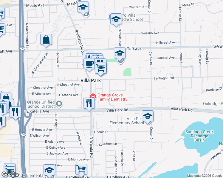map of restaurants, bars, coffee shops, grocery stores, and more near 17951 Athens Avenue in Villa Park