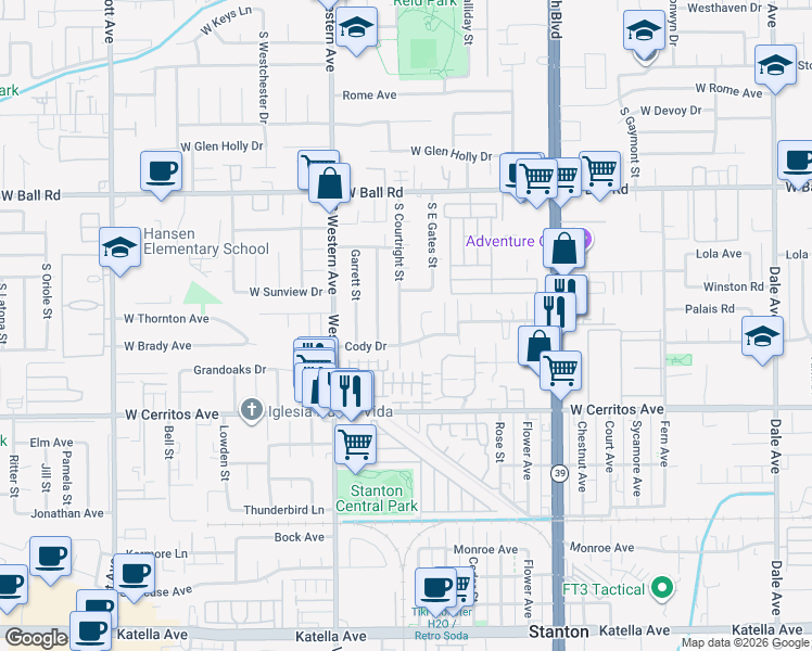 map of restaurants, bars, coffee shops, grocery stores, and more near 10290 Courtright Road in Stanton