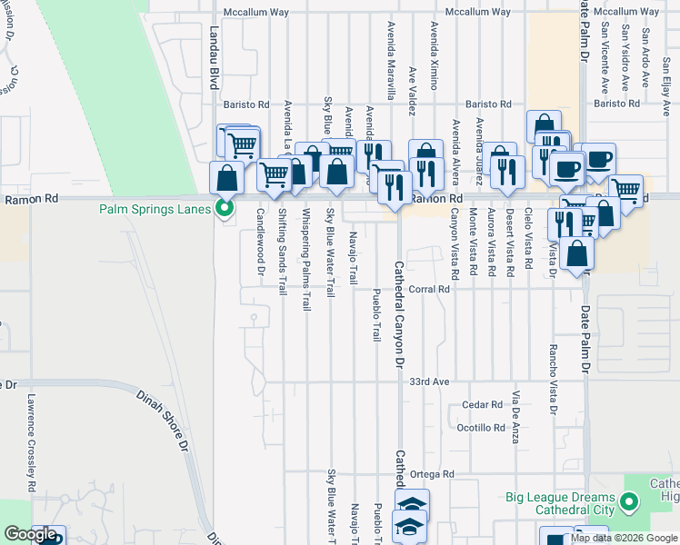 map of restaurants, bars, coffee shops, grocery stores, and more near 32406 Navajo Trail in Cathedral City